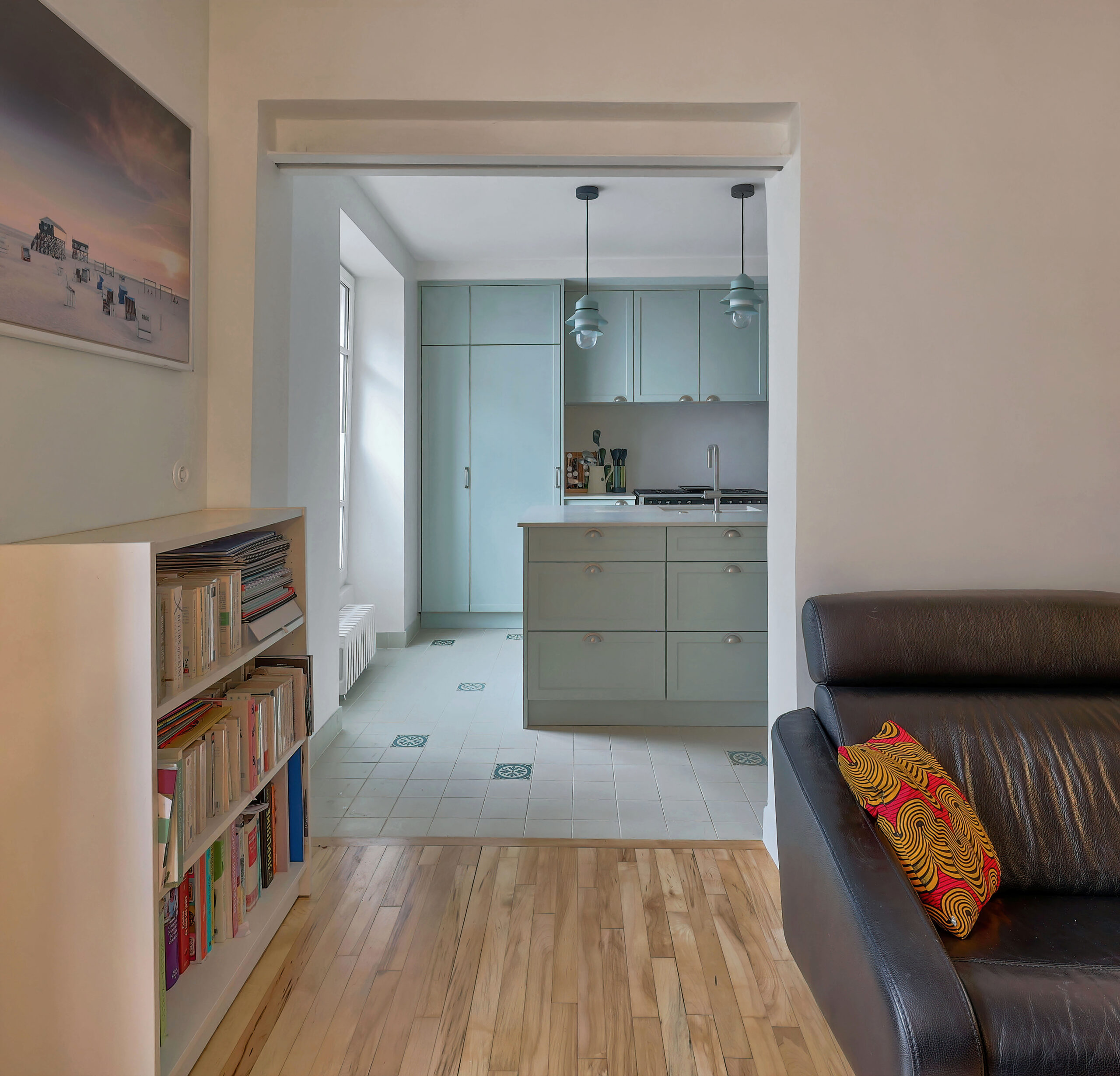 The kitchen seen from the living room. Interior designer Flora Auvray