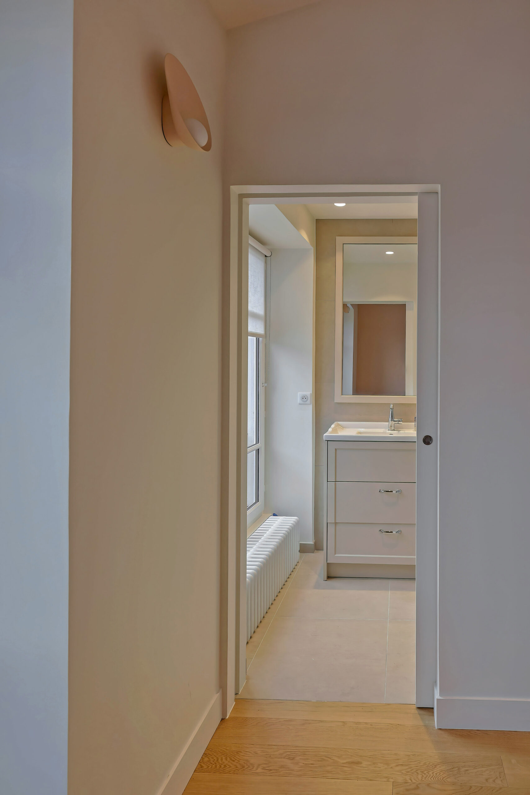 View towards the bathroom of the master bedroom. Interior designer Flora Auvray