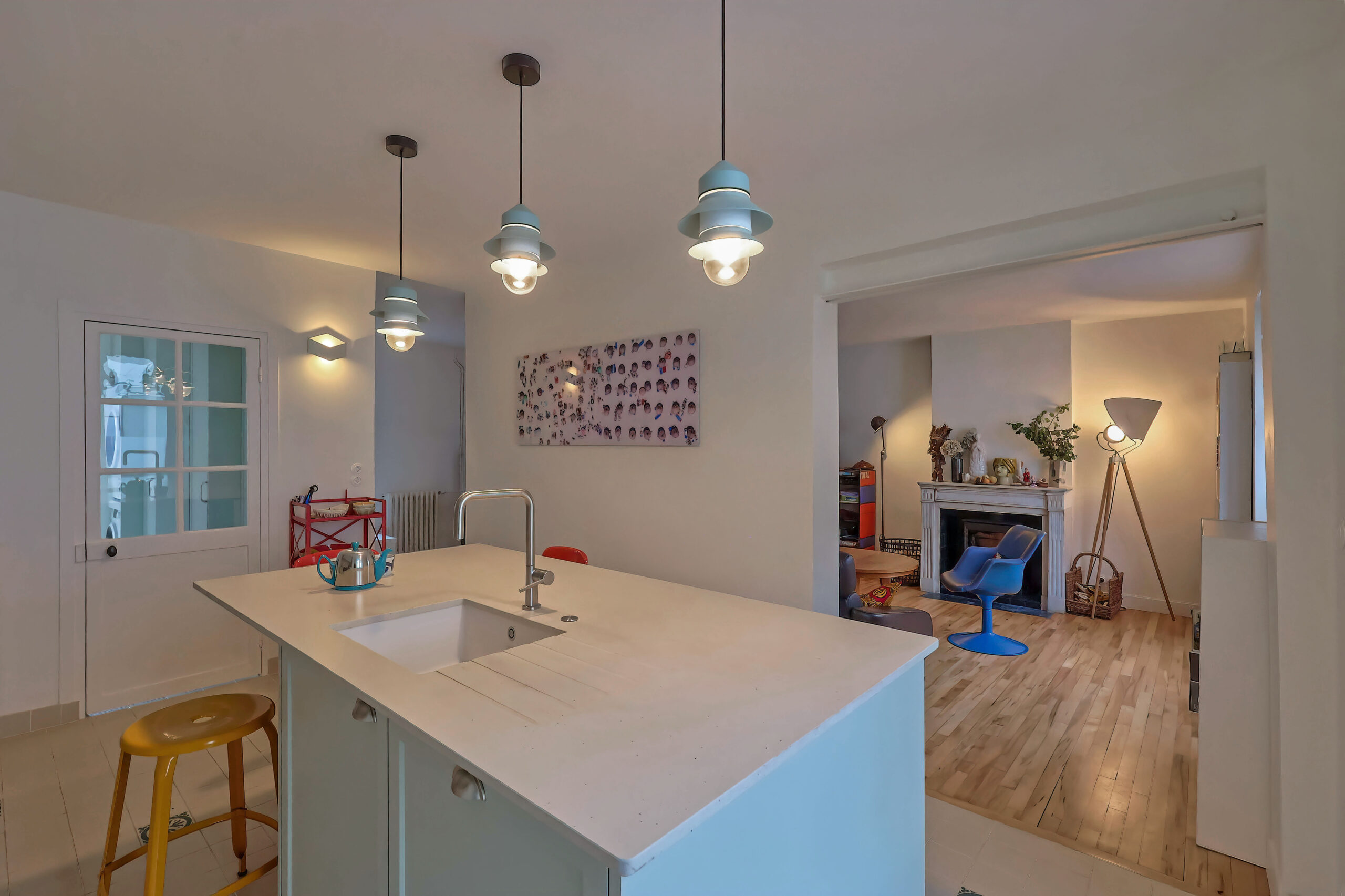 The custom-made kitchen, with Stone Italiana quartz tops. Interior designer Flora Auvray